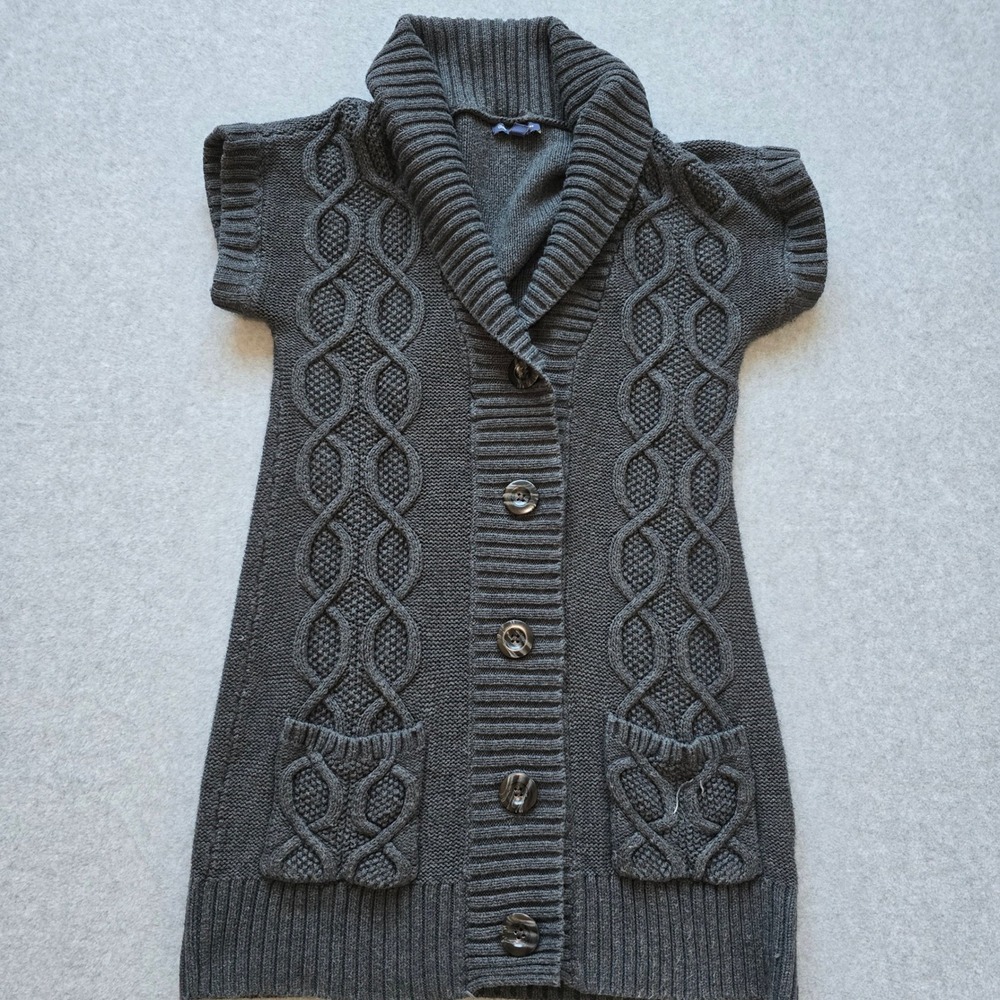 Gap Women Charcoal Cable Knit Sleeveless Cardigan Shawl Collar Pockets Y2K Small - Picture 2 of 7